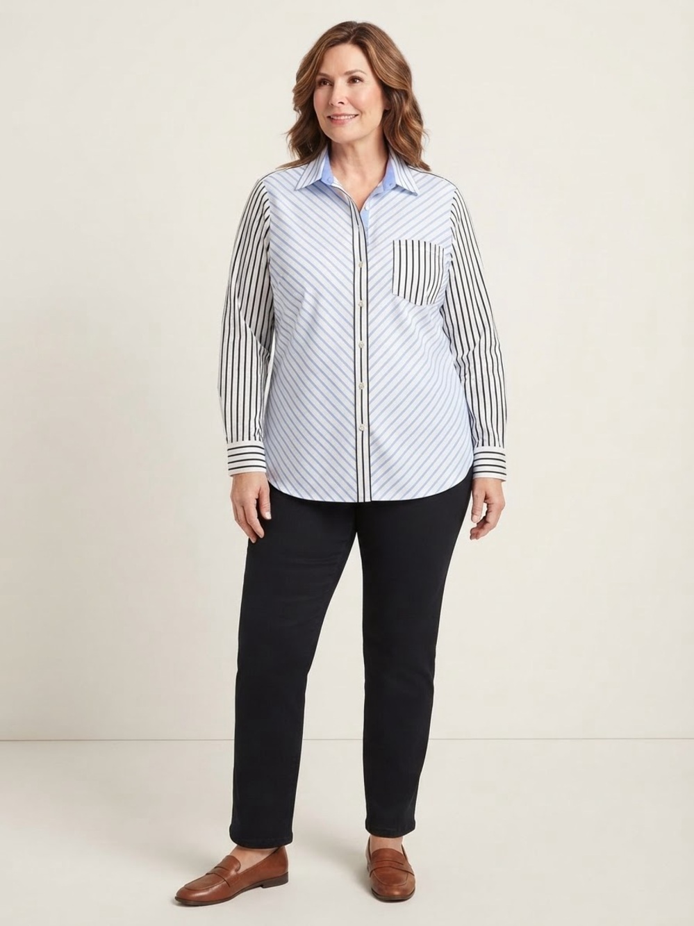 Chico's White Shirt with Light Blue and Black Stripes